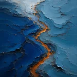 Sapphire and copper blue and gold abstract art print featuring flowing blue forms divided by a luminous metallic channel for elegant interiors