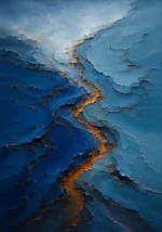 Sapphire and copper blue and gold abstract art print featuring flowing blue forms divided by a luminous metallic channel for elegant interiors