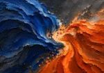 Burnt orange and navy blue and orange abstract art print featuring sweeping painterly forms with layered textures for elegant interiors
