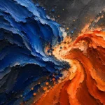 Burnt orange and navy blue and orange abstract art print featuring sweeping painterly forms with layered textures for elegant interiors