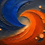 Burnt orange and navy blue and orange abstract art print featuring opposing crescent forms with layered painterly textures for elegant interiors