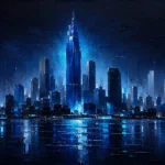 Prussian Night cityscape abstract art print featuring a luminous blue skyline with waterfront reflections for elegant modern interiors