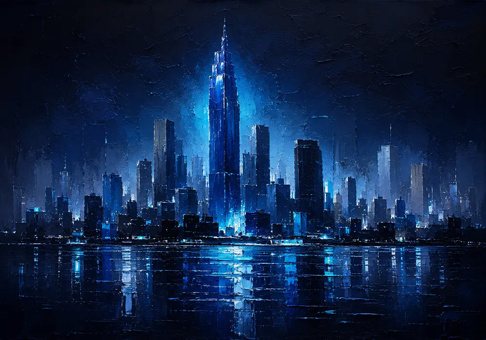 Azure Metropolis Cityscape Abstract Art Prussian Night Art Print