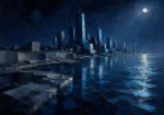 Prussian Night cityscape abstract art print featuring a geometric waterfront skyline with moonlit blue harbor reflections for elegant interiors
