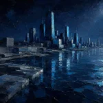 Prussian Night cityscape abstract art print featuring a geometric waterfront skyline with moonlit blue harbor reflections for elegant interiors