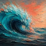 Turquoise and coral abstract waves wall art print featuring a sculptural ocean wave with aqua highlights for elegant interiors