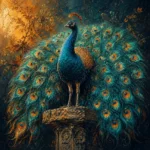 Peacock and gold bird wall art print featuring a majestic peacock with an elegant tail display for sophisticated interiors