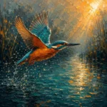 Peacock and gold bird wall art print featuring a graceful kingfisher soaring above a reflective river for elegant interiors
