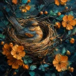 Peacock and gold bird wall art print featuring an elegant songbird resting in a woven nest among flowering branches for refined interiors