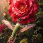 Rose and olive contrast hummingbird wall art print featuring a radiant hummingbird hovering before a blooming climbing rose for elegant interiors
