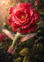 Rose and olive contrast hummingbird wall art print featuring a radiant hummingbird hovering before a blooming climbing rose for elegant interiors