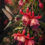 Rose and olive contrast hummingbird wall art print featuring a hummingbird descending toward cascading fuchsia blossoms for elegant interiors