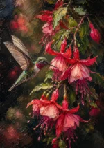 Rose and olive contrast hummingbird wall art print featuring a hummingbird descending toward cascading fuchsia blossoms for elegant interiors