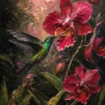Rose and olive contrast hummingbird wall art print featuring a graceful hummingbird feeding from an exotic orchid for elegant interiors