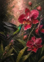 Rose and olive contrast hummingbird wall art print featuring a graceful hummingbird feeding from an exotic orchid for elegant interiors