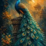 Peacock and gold peacock wall art print featuring a majestic peacock standing on a carved stone pedestal for elegant interiors