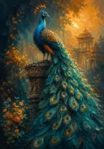 Peacock and gold peacock wall art print featuring a majestic peacock standing on a carved stone pedestal for elegant interiors