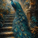 Peacock and gold peacock wall art print featuring a majestic peacock descending an ancient stone staircase for elegant interiors