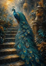 Peacock and gold peacock wall art print featuring a majestic peacock descending an ancient stone staircase for elegant interiors