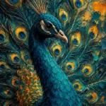 Peacock and gold peacock wall art print featuring a close-up portrait with an elegant fan of iridescent feathers for refined interiors