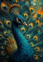 Peacock and gold peacock wall art print featuring a close-up portrait with an elegant fan of iridescent feathers for refined interiors
