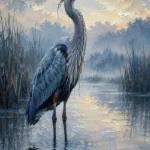 Dusty blue gallery blue heron wall art print featuring a majestic heron standing in tranquil marsh waters for elegant interiors