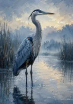 Dusty blue gallery blue heron wall art print featuring a majestic heron standing in tranquil marsh waters for elegant interiors