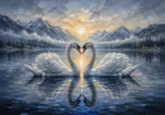 Silver and cobalt swans wall art print featuring two elegant swans gliding across a tranquil alpine lake for refined interiors