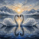 Silver and cobalt swans wall art print featuring two elegant swans gliding across a tranquil alpine lake for refined interiors