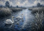Silver and cobalt swans wall art print featuring a graceful swan family drifting along a winding river for elegant interiors