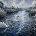 Silver and cobalt swans wall art print featuring a graceful swan family drifting along a winding river for elegant interiors