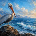 Arctic Blue & Rust pelican wall art print featuring a majestic pelican standing on a rugged coastal rock above the ocean for elegant interiors