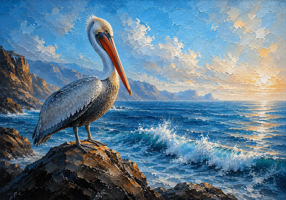 Coastal Watch Pelican Wall Art Arctic Blue & Rust Art Print
