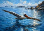 Arctic Blue pelican wall art print featuring a soaring pelican above calm coastal waters with warm rust accents for elegant interiors