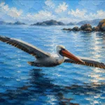 Arctic Blue pelican wall art print featuring a soaring pelican above calm coastal waters with warm rust accents for elegant interiors