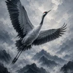 Graphite Museum crane wall art print featuring a soaring crane above mist-covered mountains with elegant gray tones for sophisticated interiors