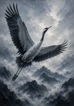 Graphite Museum crane wall art print featuring a soaring crane above mist-covered mountains with elegant gray tones for sophisticated interiors