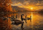 Honey Bronze goose wall art print featuring a peaceful flock of geese gliding across an autumn lake at sunrise for elegant interiors