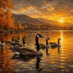 Honey Bronze goose wall art print featuring a peaceful flock of geese gliding across an autumn lake at sunrise for elegant interiors