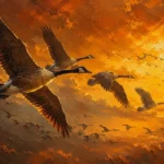 Honey Bronze goose wall art print featuring a majestic formation of geese soaring across a glowing amber sky for elegant interiors