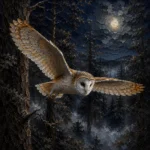 Espresso Gallery owls wall art print featuring a barn owl gliding through a moonlit forest with rich woodland tones for elegant interiors