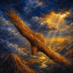 Ochre & Navy eagles wall art print featuring a powerful eagle diving through dramatic clouds above a distant valley for elegant interiors