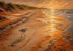 Clay & Moss sandpiper wall art featuring a solitary sandpiper leaving delicate footprints across a reflective beach beneath soft afternoon light