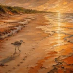 Clay & Moss sandpiper wall art featuring a solitary sandpiper leaving delicate footprints across a reflective beach beneath soft afternoon light