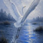 Silver & Cobalt egret wall art featuring a graceful egret taking flight above a tranquil lagoon with cool morning reflections and mist