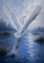 Silver & Cobalt egret wall art featuring a graceful egret taking flight above a tranquil lagoon with cool morning reflections and mist