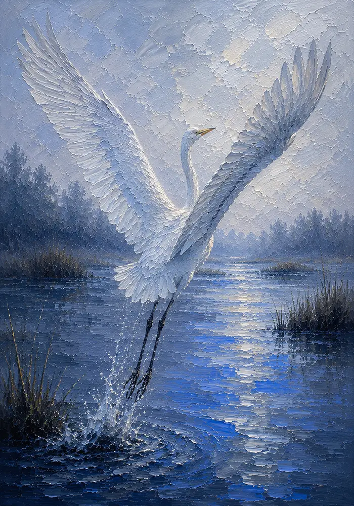 Cobalt Mist Egret Wall Art Silver & Cobalt Art Print