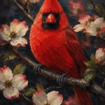 Crimson Noir cardinal wall art featuring a vibrant northern cardinal perched on flowering dogwood branches beneath warm morning light