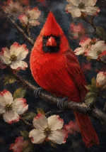 Crimson Noir cardinal wall art featuring a vibrant northern cardinal perched on flowering dogwood branches beneath warm morning light