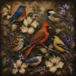 Sepia & Violet vintage bird wall art featuring a collection of elegant songbirds perched on flowering branches in a classic natural history composition
